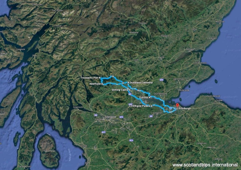 Map of a route in Scotland from Edinburgh to Trossachs Pier with marked locations.