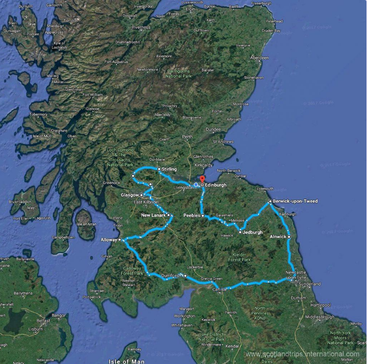 Map of Scotland showing a highlighted circular route passing cities like Edinburgh, Glasgow, and Berwick-upon-Tweed.