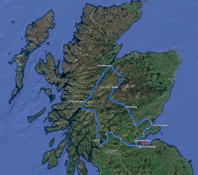 Map of Scotland with a highlighted route passing through major cities and landmarks.