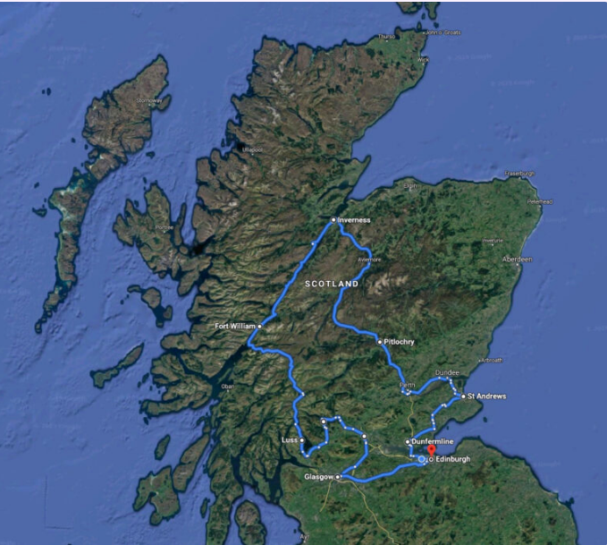 Map of Scotland with a highlighted travel route connecting major cities.