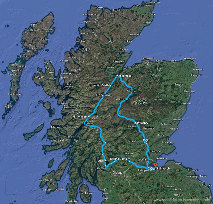 Map of Scotland with labeled route from Edinburgh to Inverness via several landmarks.