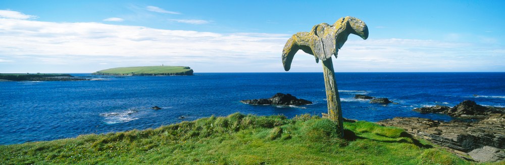 Coastal scene with blue ocean, grassy cliff, and bird-shaped wooden sculpture under blue sky.